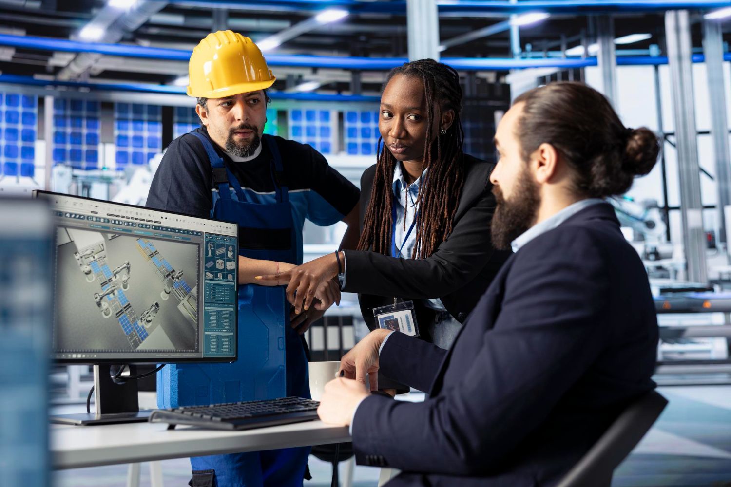 Engineers in a tech office reviewing a screen displaying a 3D model beside a laptop
