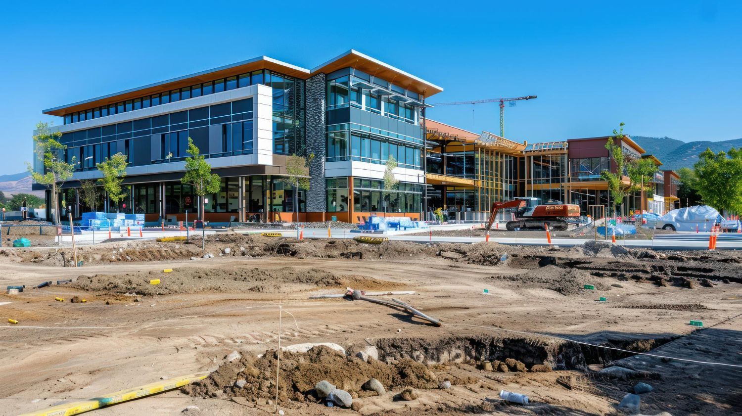 Modern glass office building under construction beside a dirt lot and road, with mountains in the background