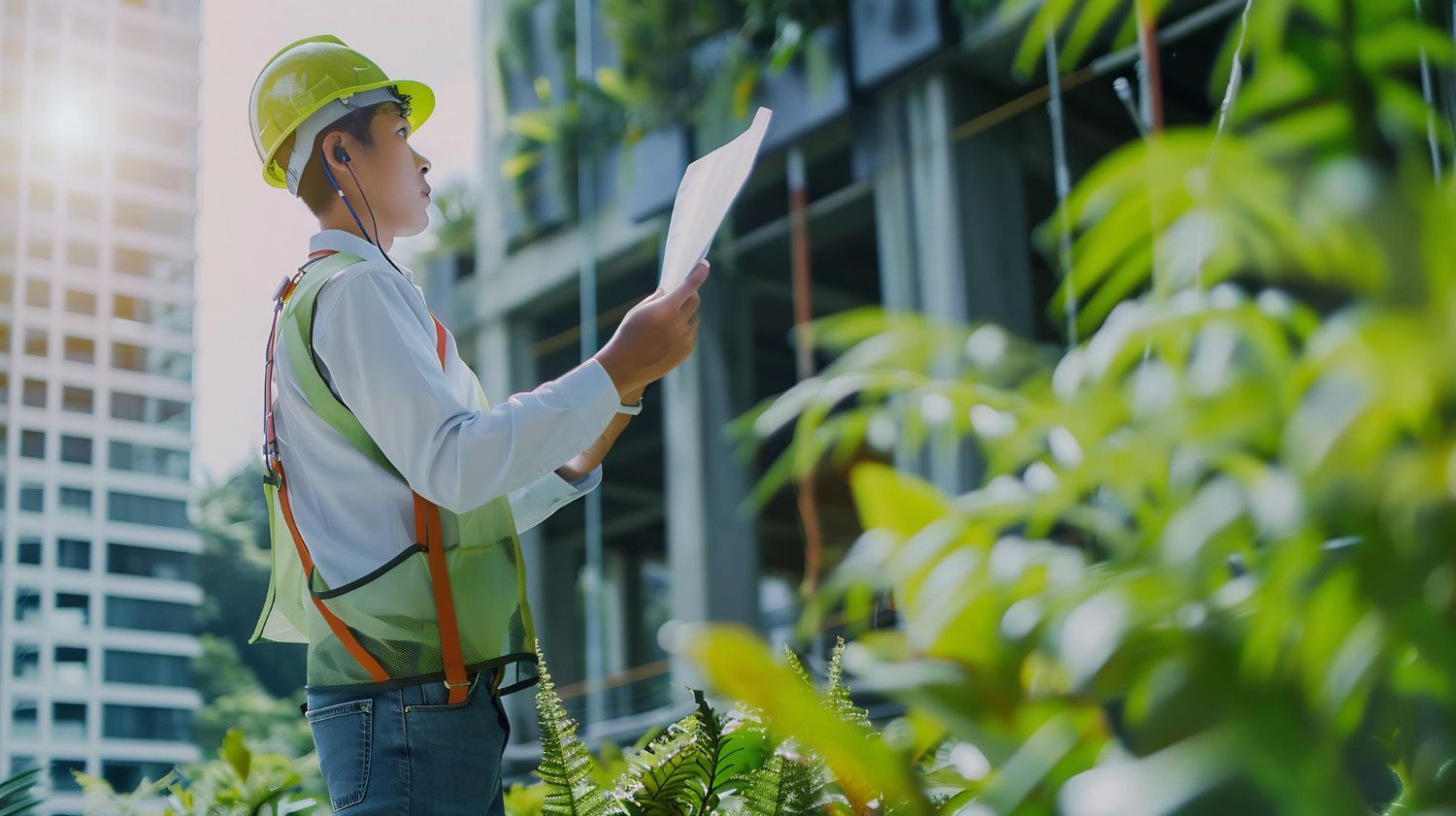 Construction worker in hard hat reviewing plans at a building site, with greenery in the foreground.