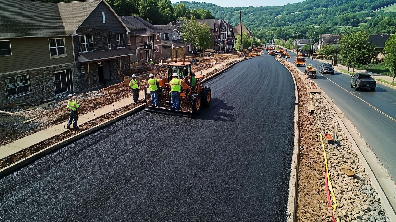 Road crew paving a new black asphalt lane beside houses and a busy roadway.