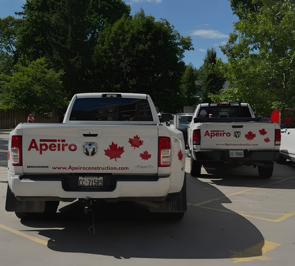 Two white pickup trucks with Apeiro branding parked on a sunny tree-lined road.