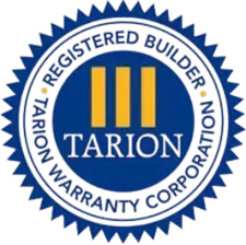 Tarion Registered Builder warranty corporation blue seal logo with gold bars and white text