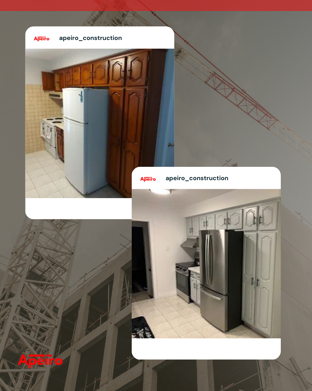 Kitchen before-and-after: old wood cabinets replaced with white cabinets and stainless steel appliances.