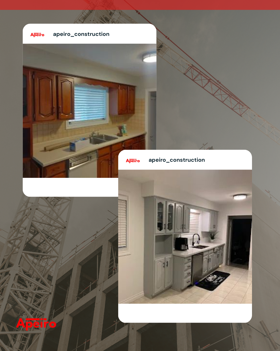 Collage of two renovated kitchens with wood and white cabinets, set over a faint house blueprint background