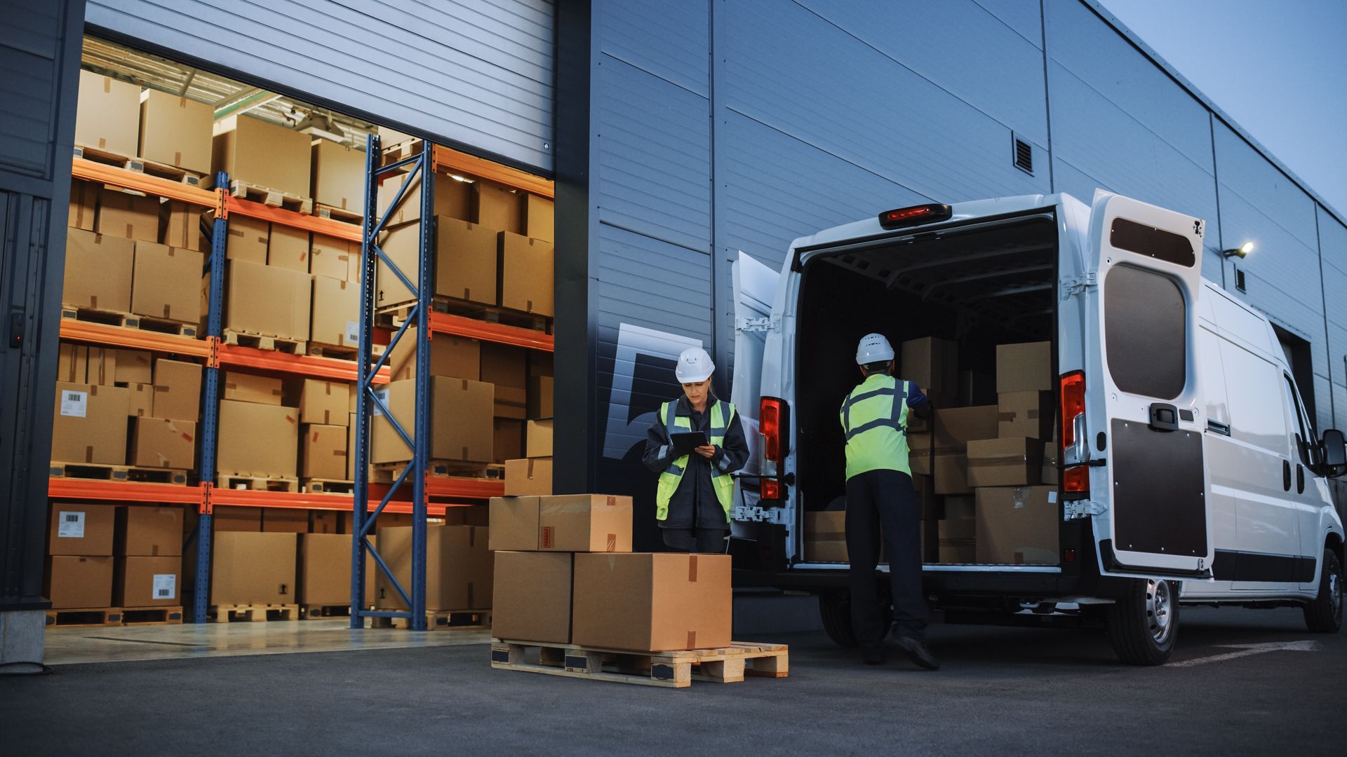Workers loading cardboard boxes into a delivery van at a warehouse dock