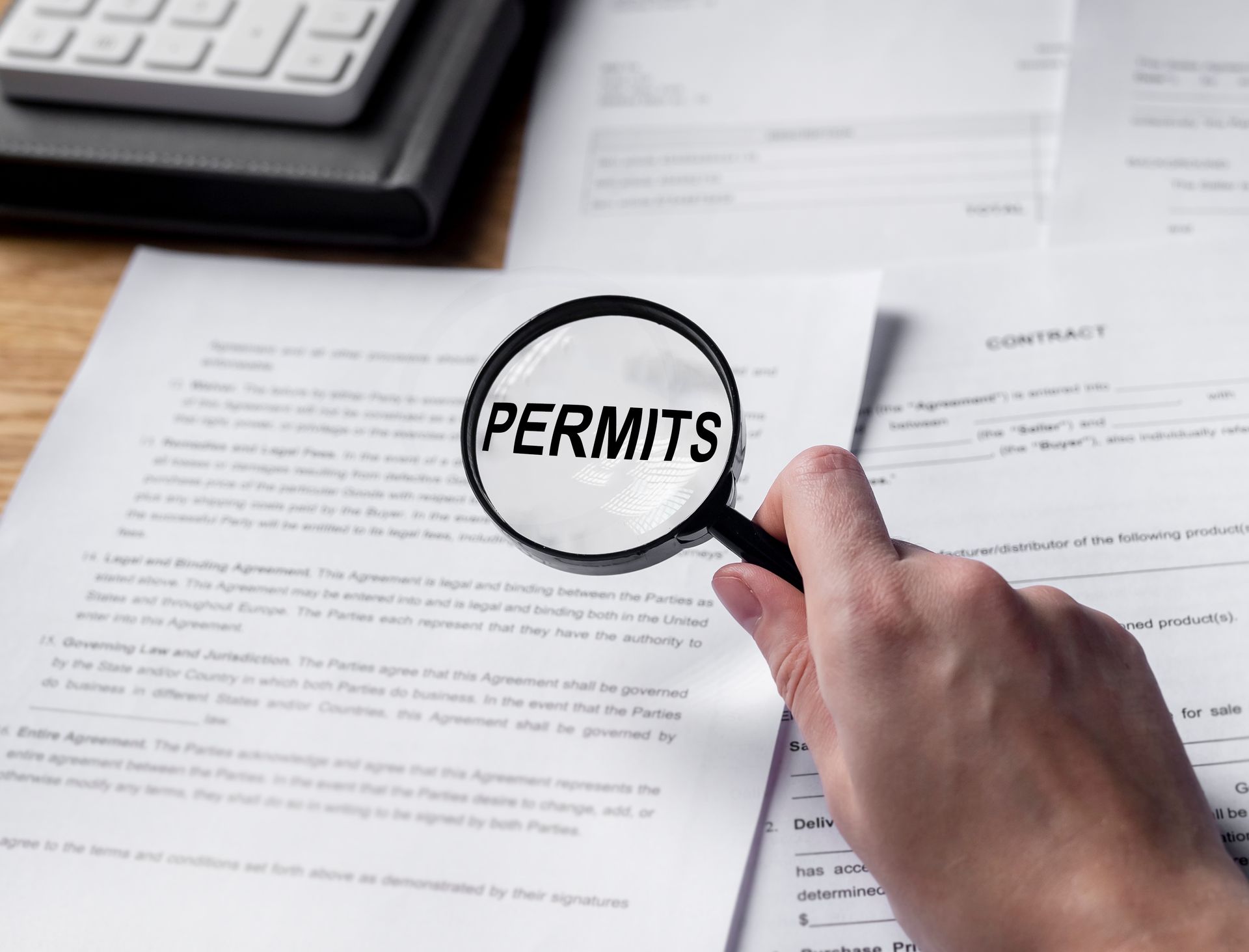 Hand holding a magnifying glass over “PERMITS” on paperwork on a desk