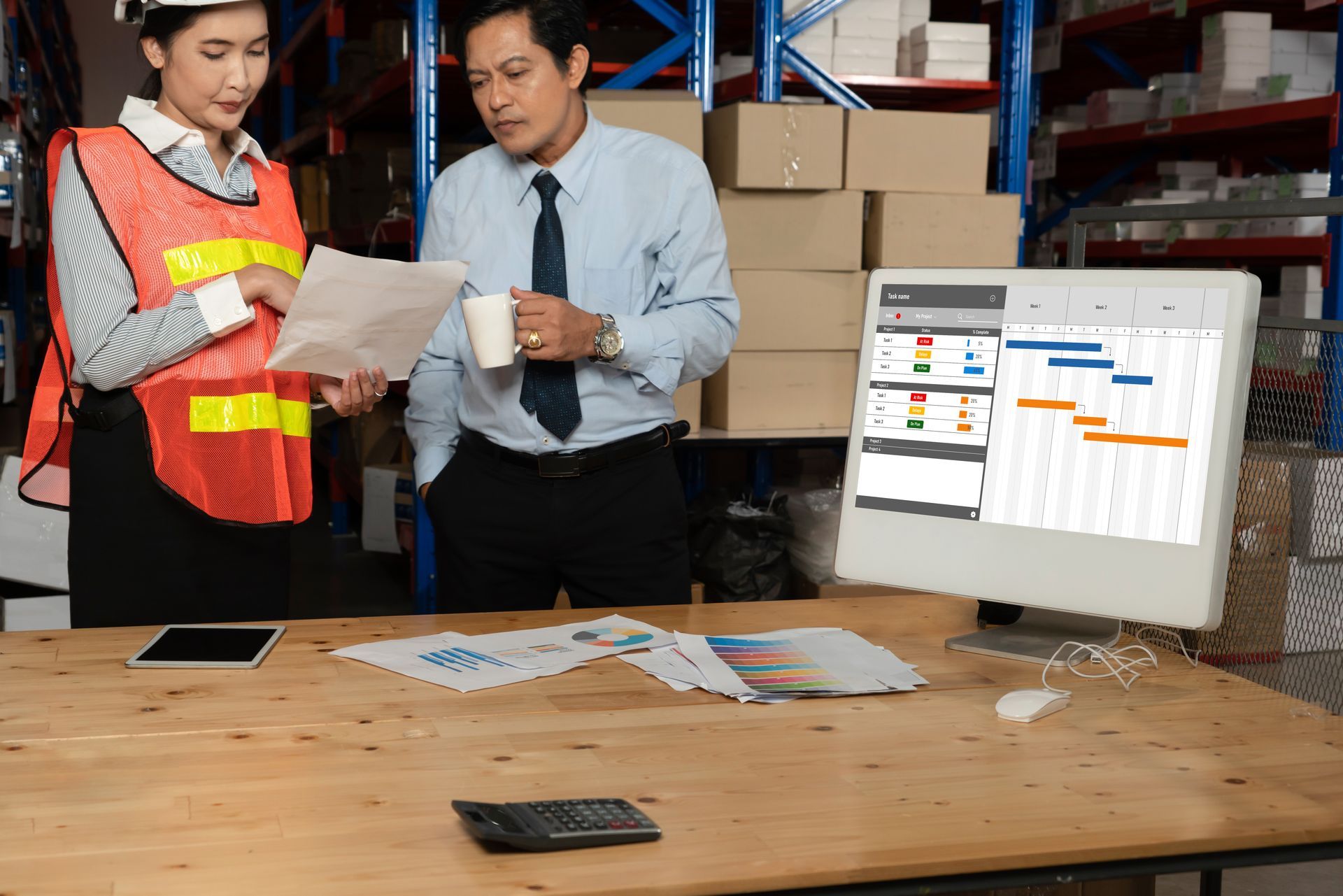 Two coworkers reviewing paperwork in a warehouse beside a computer displaying a project schedule