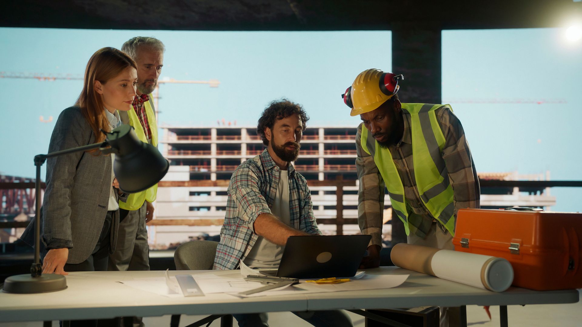 Construction team reviewing plans at a job site, with a laptop and hard hat on a table.