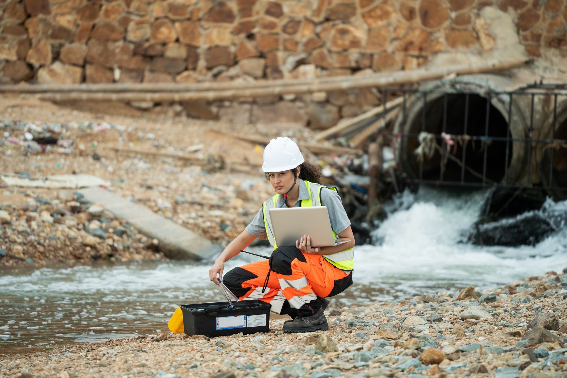 Engineer in hard hat and orange vest inspecting a stream near a drainage pipe, using a laptop outdoors