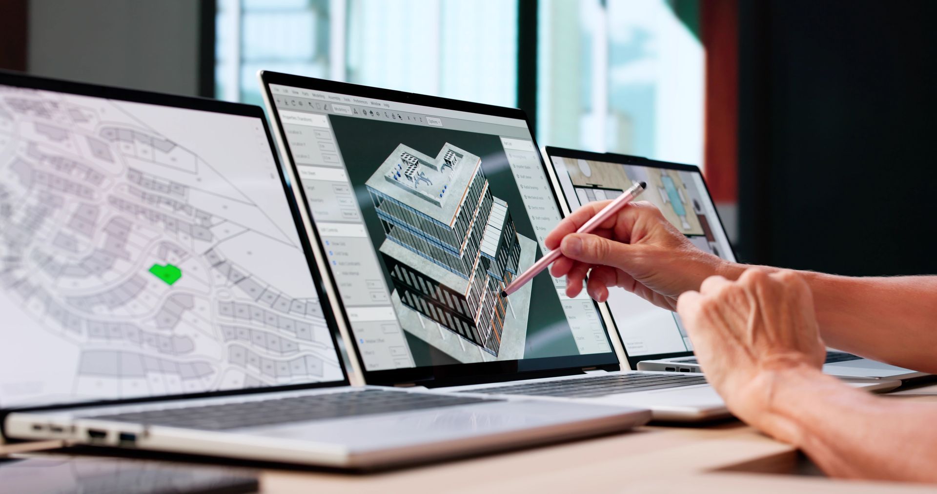 Laptop screens showing architectural plans as a hand points with a pen in an office setting