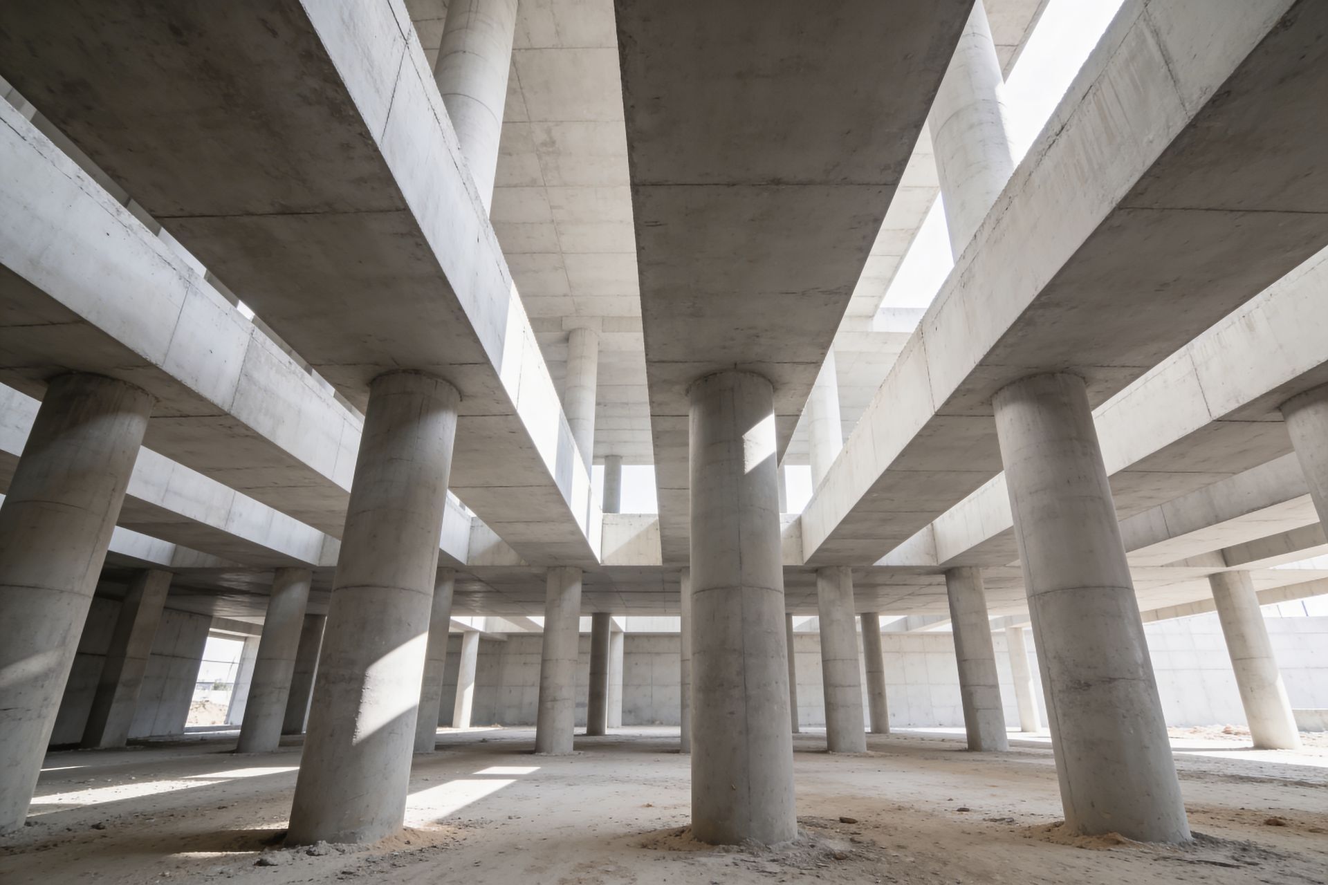 Empty concrete building interior with large round pillars and skylights above