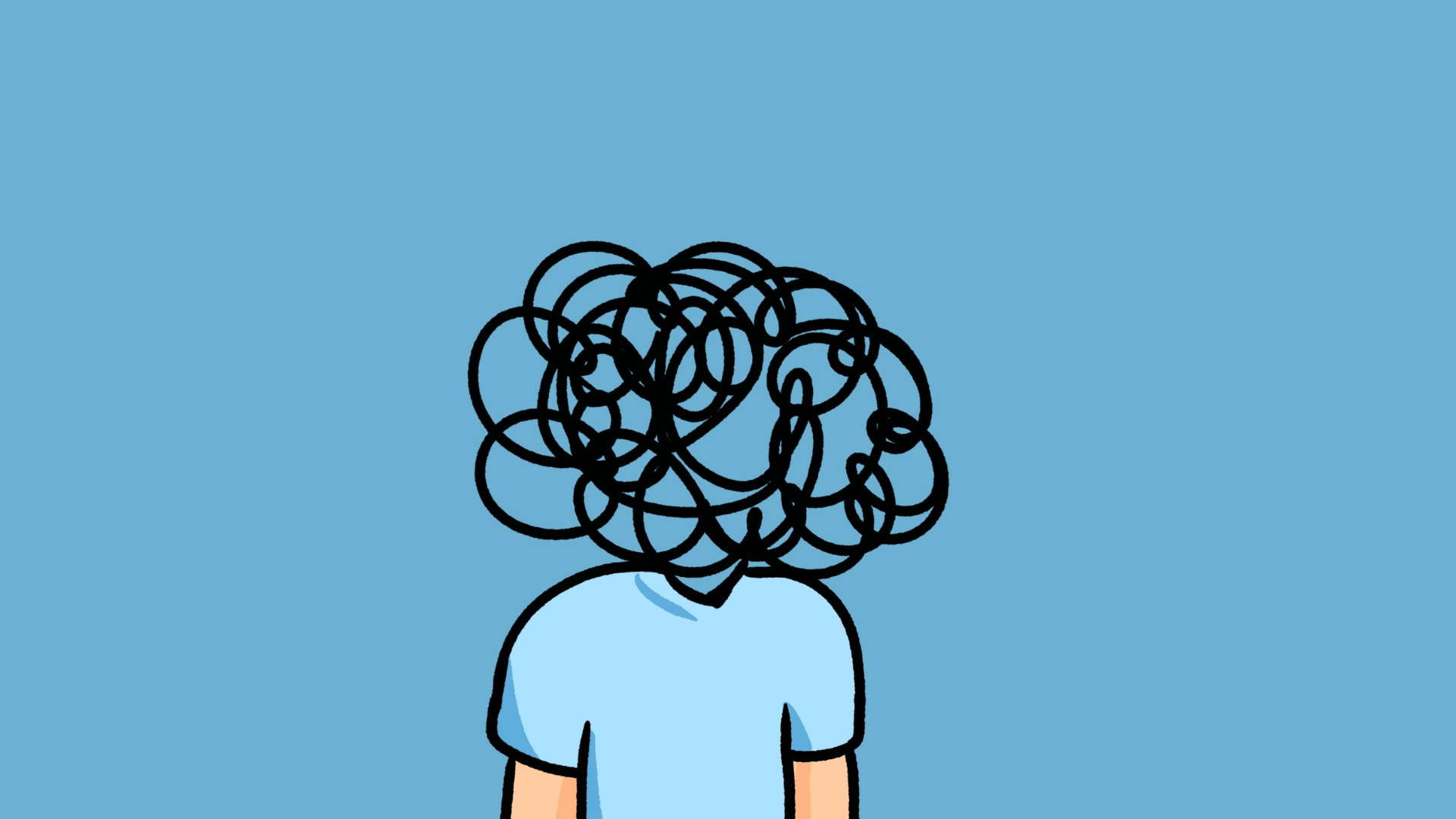 Cartoon figure in a light blue shirt with a scribbled black tangle covering the head on a blue background