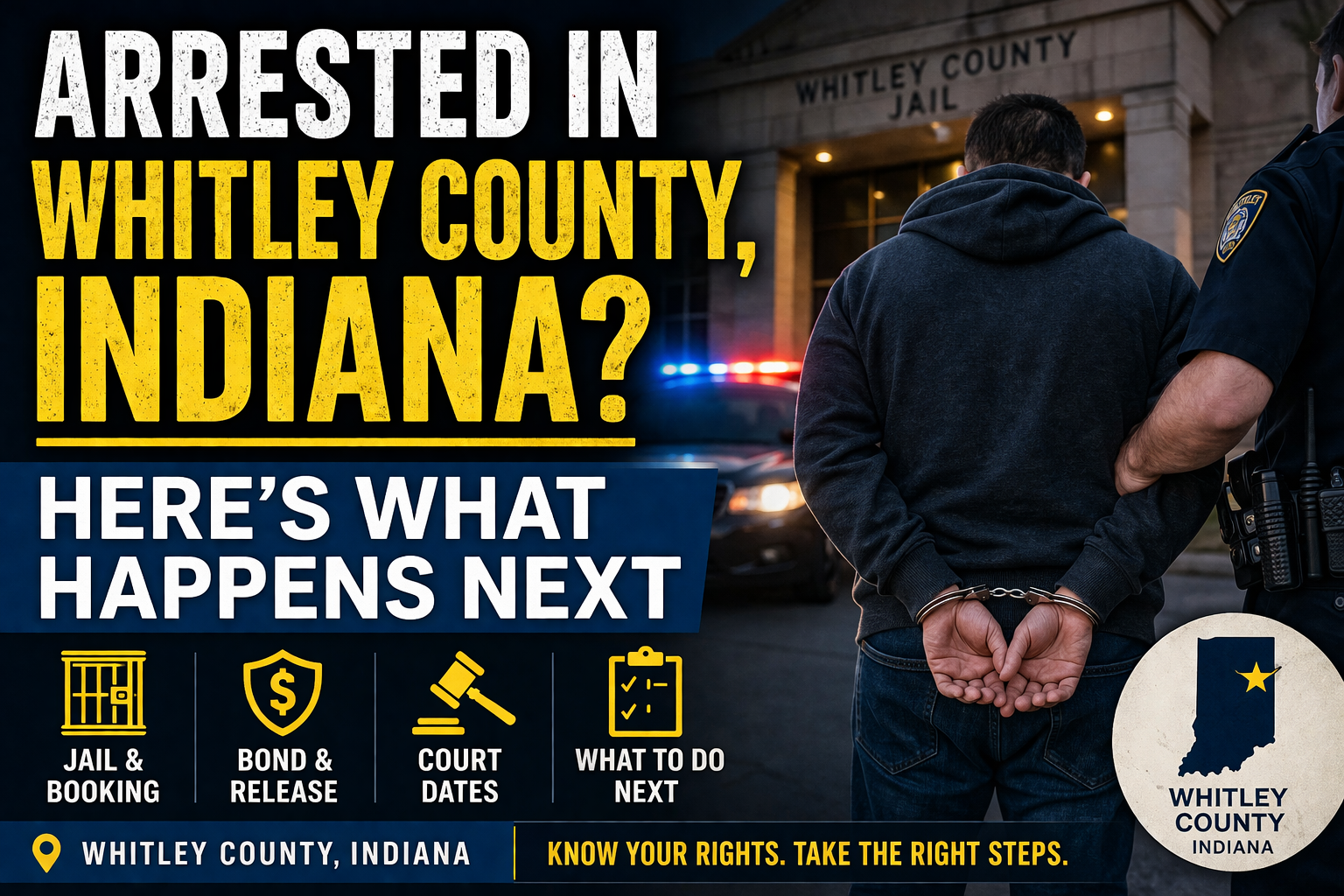 Arrested in Whitley County Indiana graphic explaining jail bond and court process