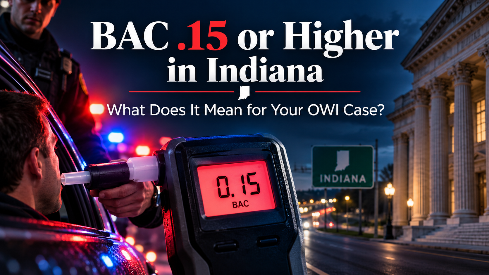Indiana OWI graphic showing a .15 BAC breath test, police lights, and courthouse