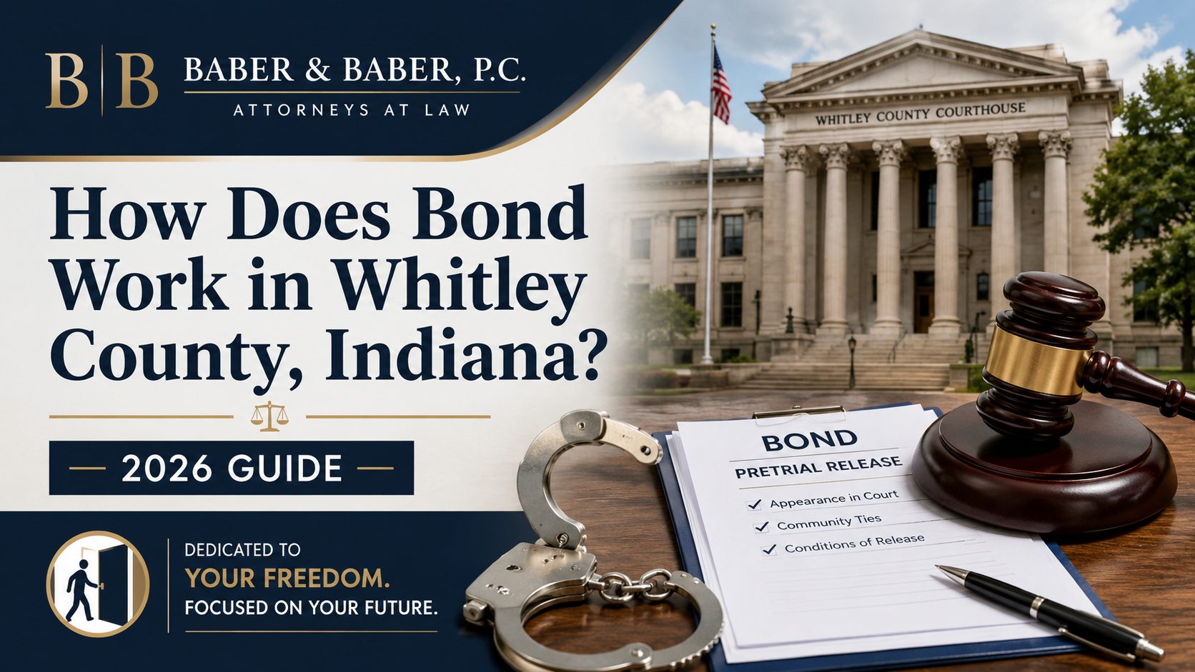 Bond process in Whitley County Indiana graphic with courthouse, gavel, and pretrial release form