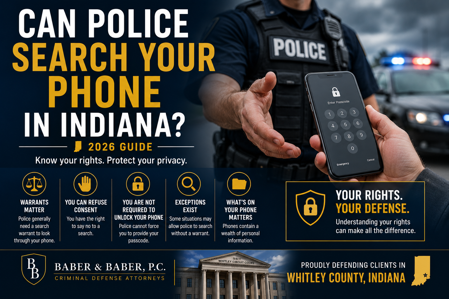Police officer requesting access to smartphone during Indiana criminal investigation graphic