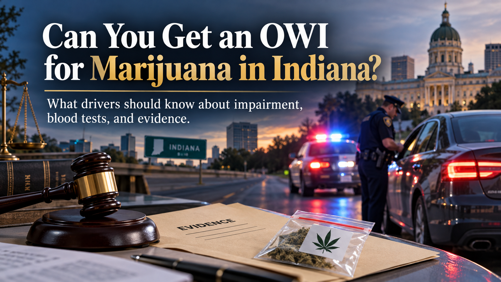 Indiana marijuana OWI graphic showing traffic stop, police lights, courthouse, gavel, and evidence
