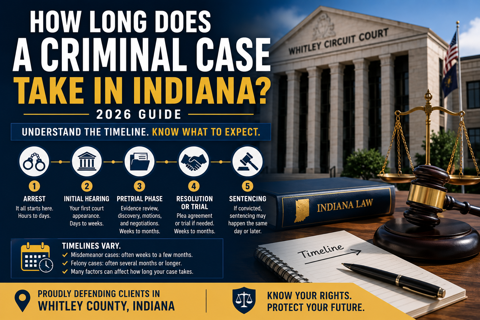 How long does a criminal case take in Indiana timeline graphic with Whitley County court