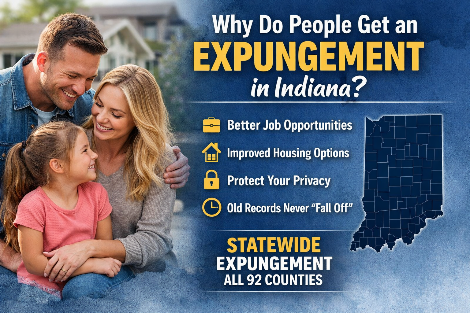 Indiana expungement attorney image showing a family with text explaining why people get expungements, including employment, housing, and privacy across all 92 Indiana counties.