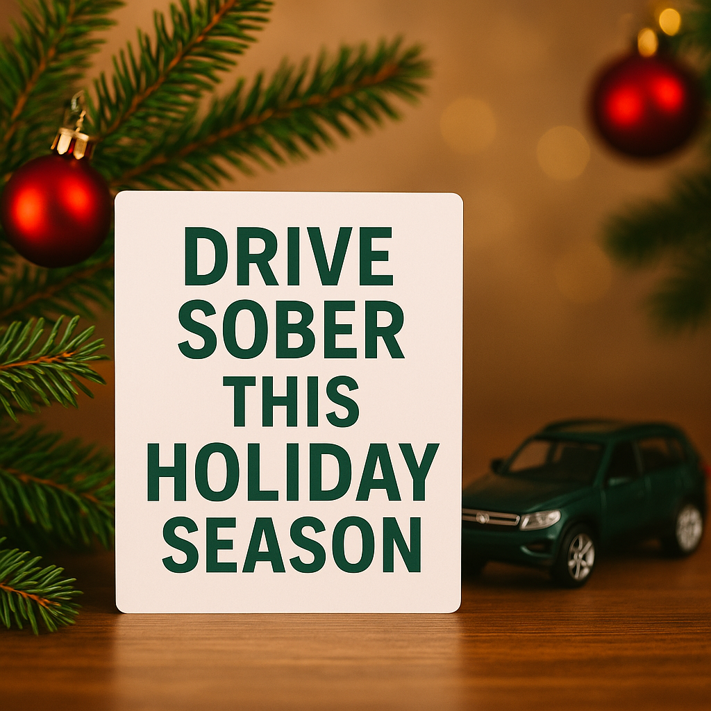 Holiday DUI and OWI prevention image showing a “Drive Sober This Holiday Season” sign with Christmas decorations and a car, promoting safe driving and avoiding drinking and driving during Thanksgiving, Christmas, and New Year’s in Indiana.