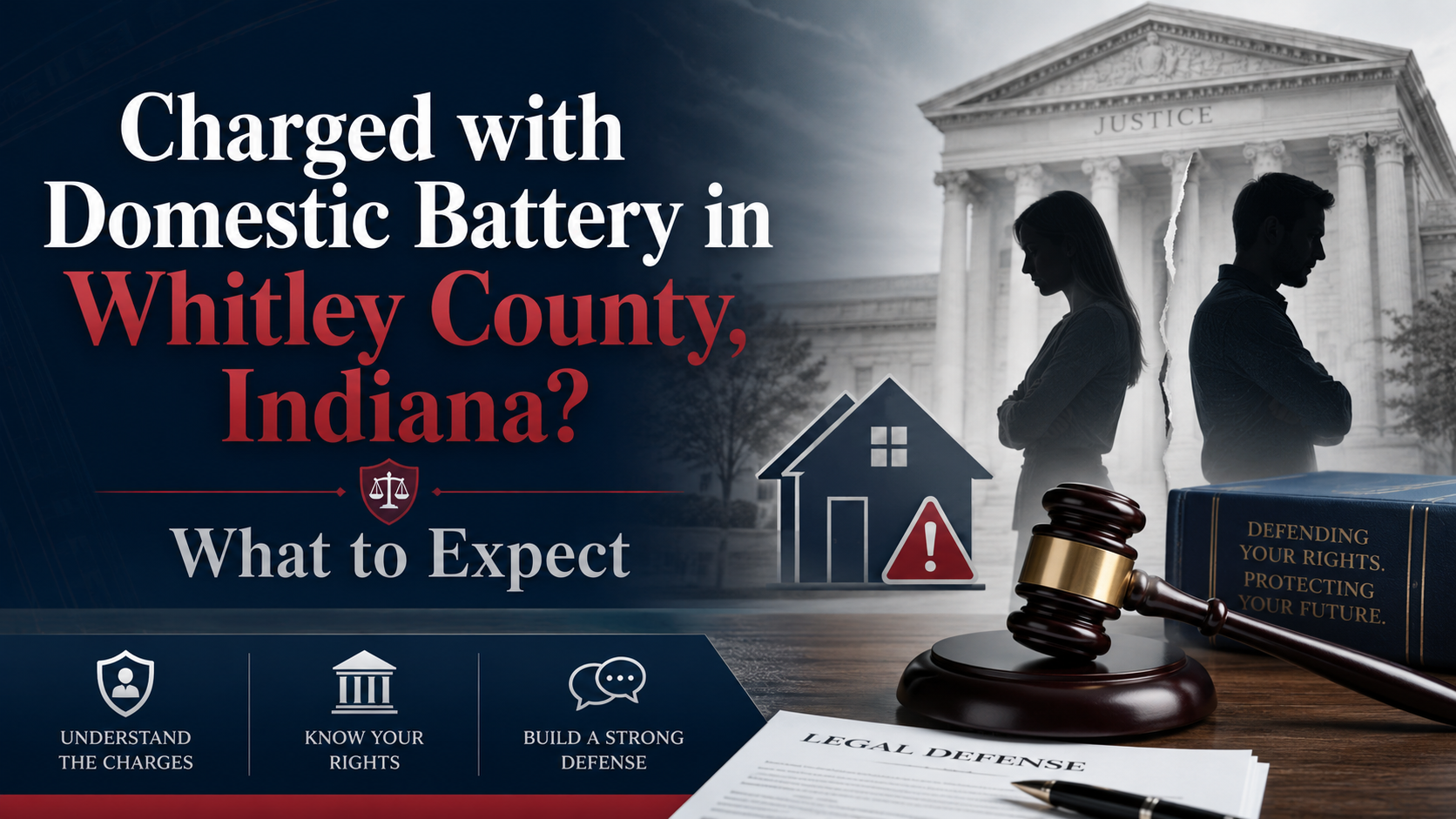 Domestic battery charge in Whitley County Indiana graphic with courthouse, gavel, and legal defense