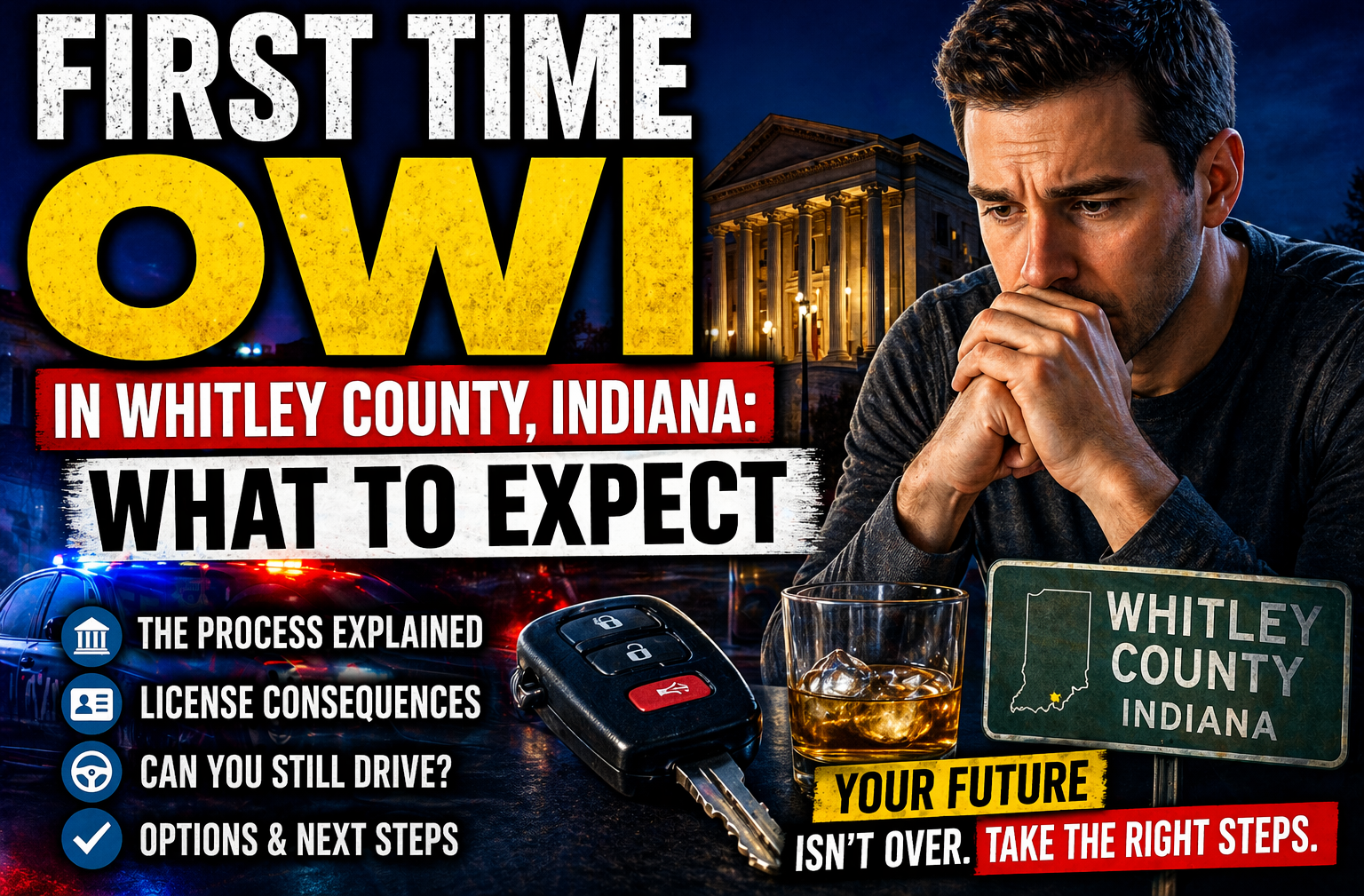 Picture for first-time OWI in Whitley County Indiana showing stressed driver and legal consequences