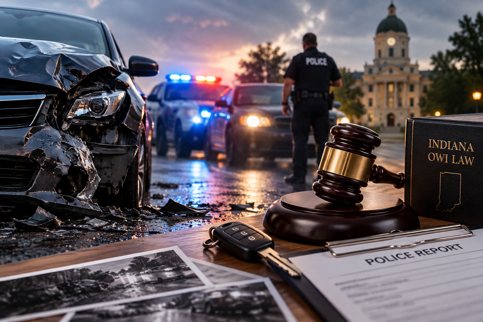Indiana OWI accident graphic showing damaged car, police lights, courthouse, and legal evidence