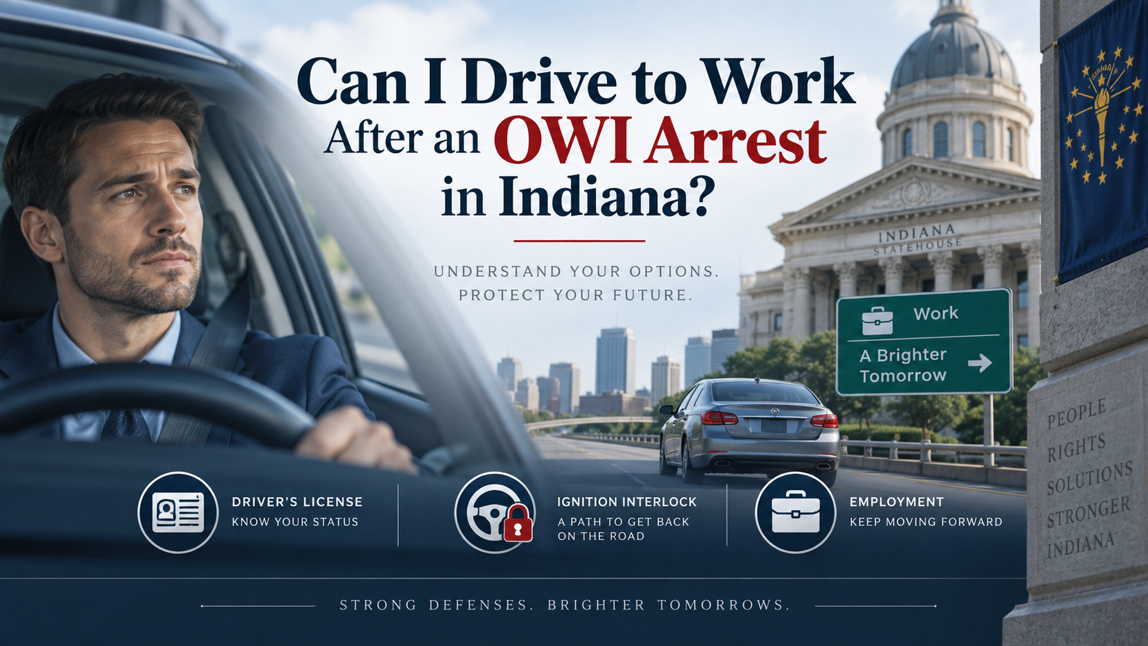 Indiana OWI arrest graphic showing driver asking if they can legally drive to work