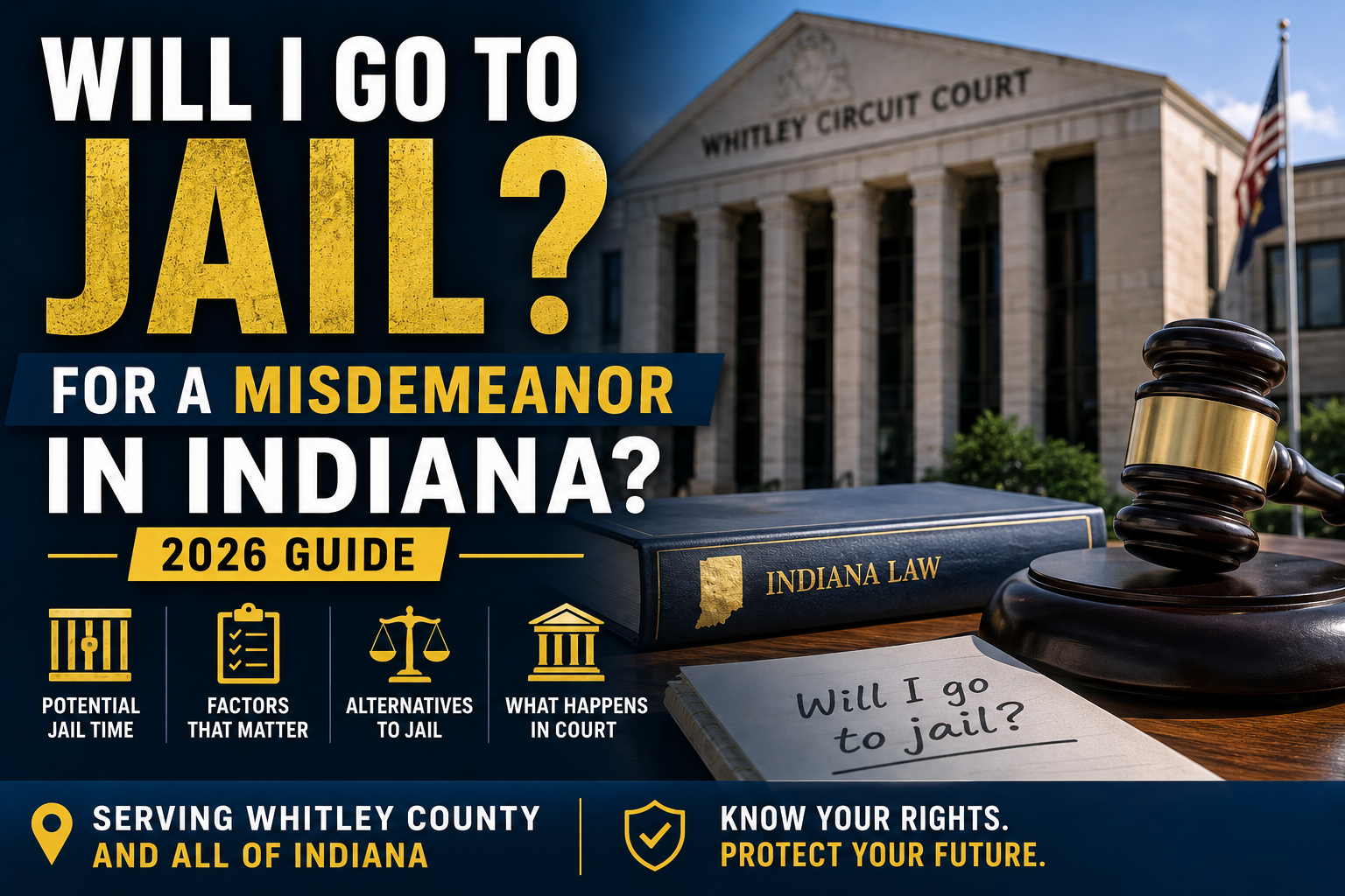 Will I go to jail for a misdemeanor in Indiana graphic with Whitley County courthouse