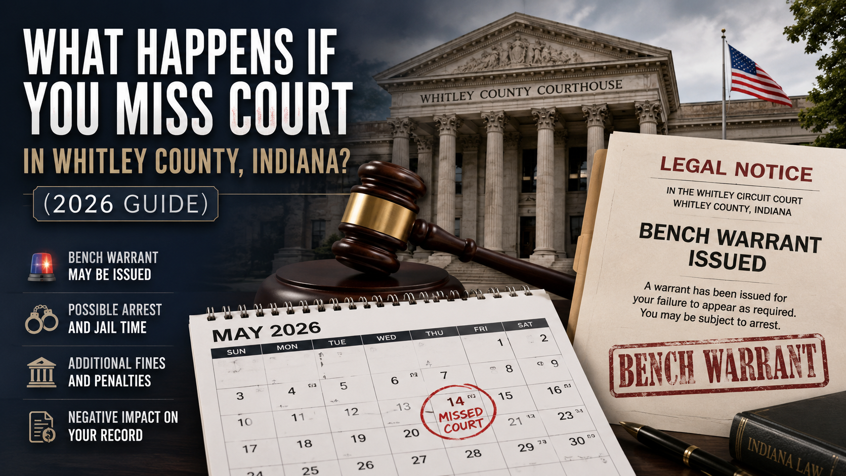Missed court in Whitley County Indiana graphic showing bench warrant and courthouse