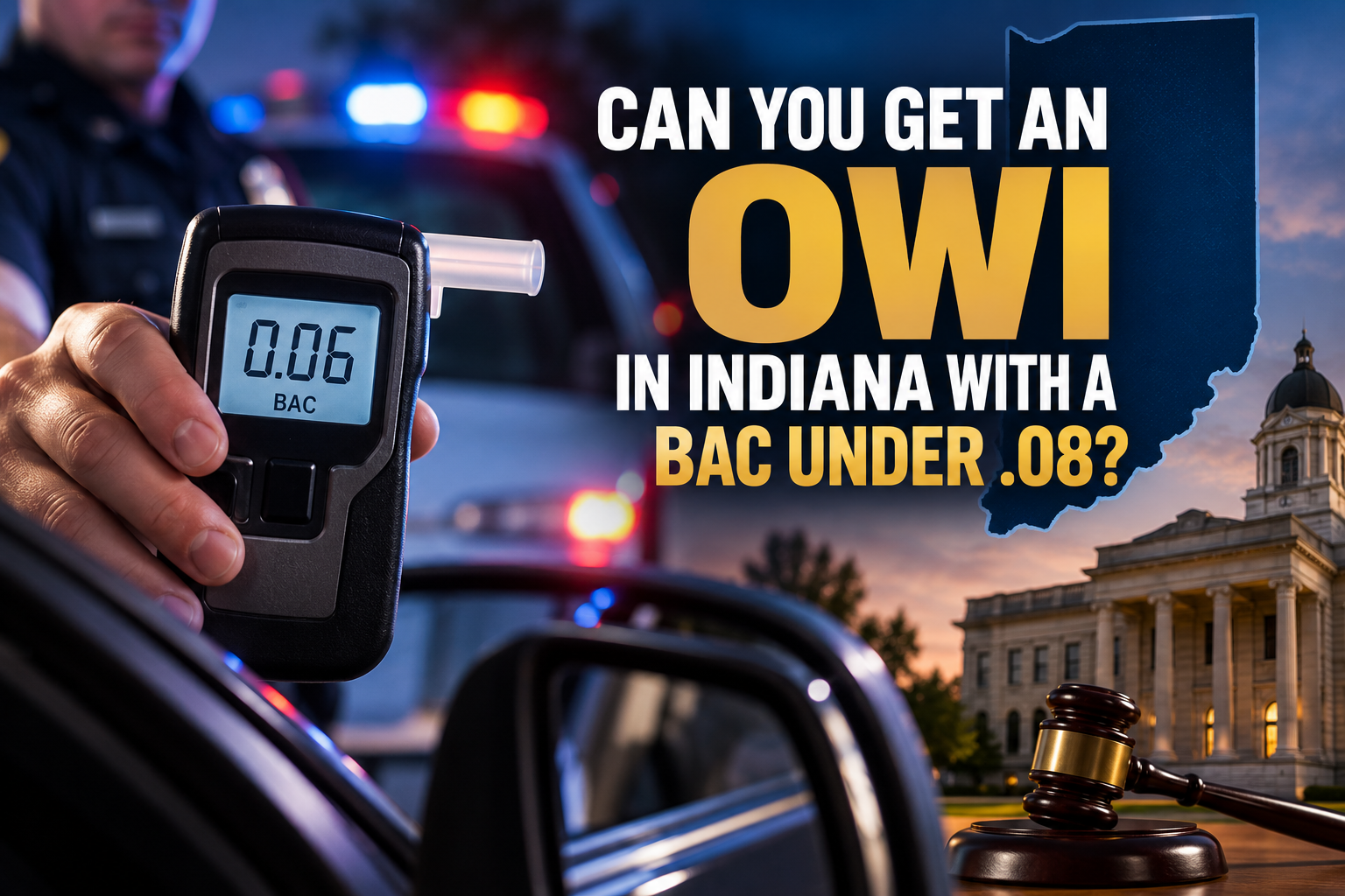 Indiana OWI graphic showing a .06 BAC breath test, police lights, courthouse, and gavel