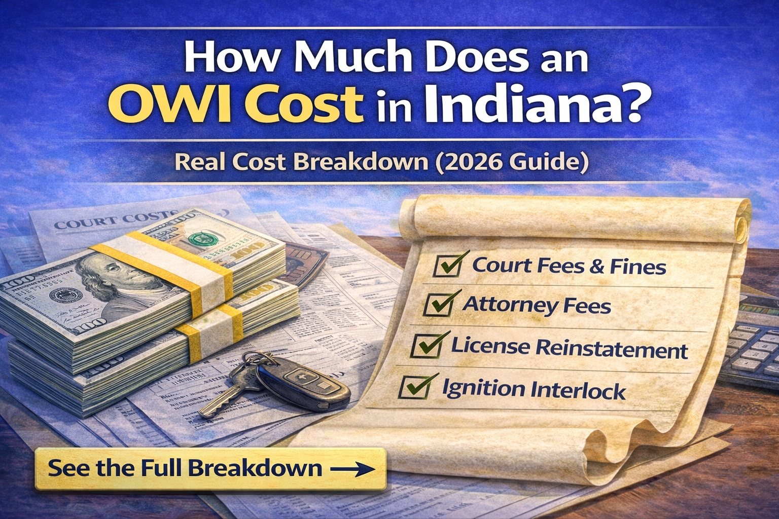 An image on OWI costs in Indiana showing fees, fines, and legal expenses