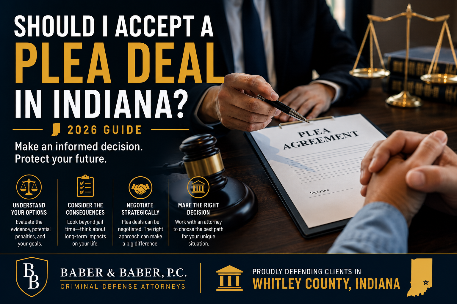 Attorney presenting plea agreement during Indiana criminal case consultation graphic