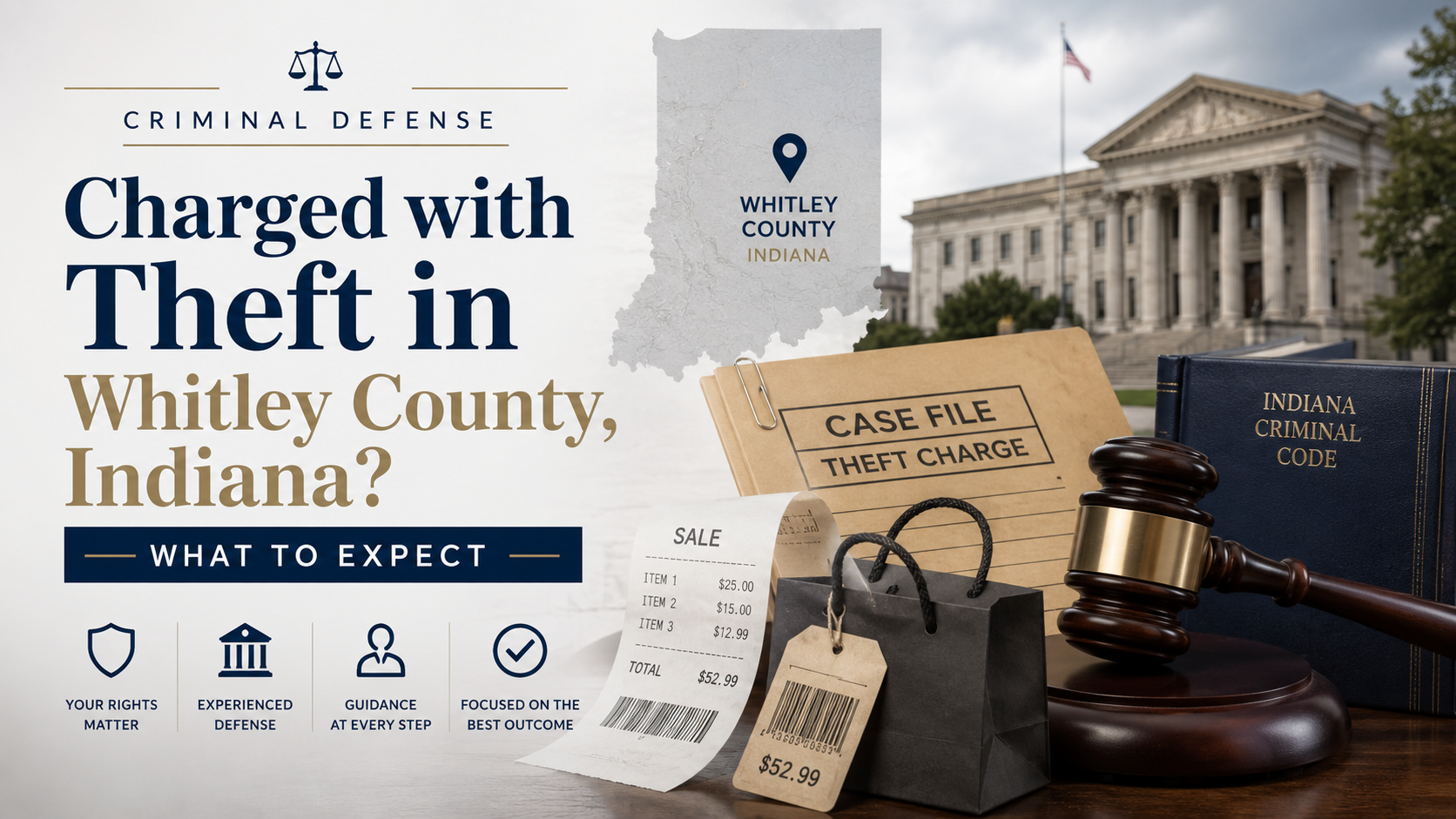 Theft charge in Whitley County Indiana graphic with courthouse, gavel, receipt, and case file