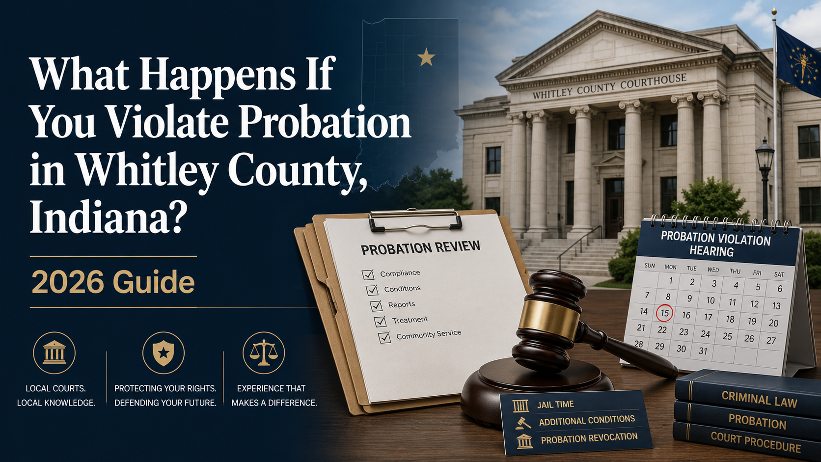 Probation violation in Whitley County Indiana graphic with courthouse and probation review form