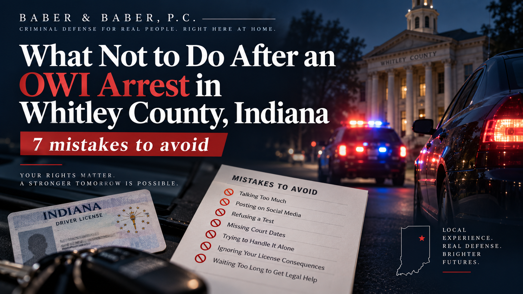 Whitley County OWI arrest graphic showing police lights, courthouse, and 7 mistakes to avoid