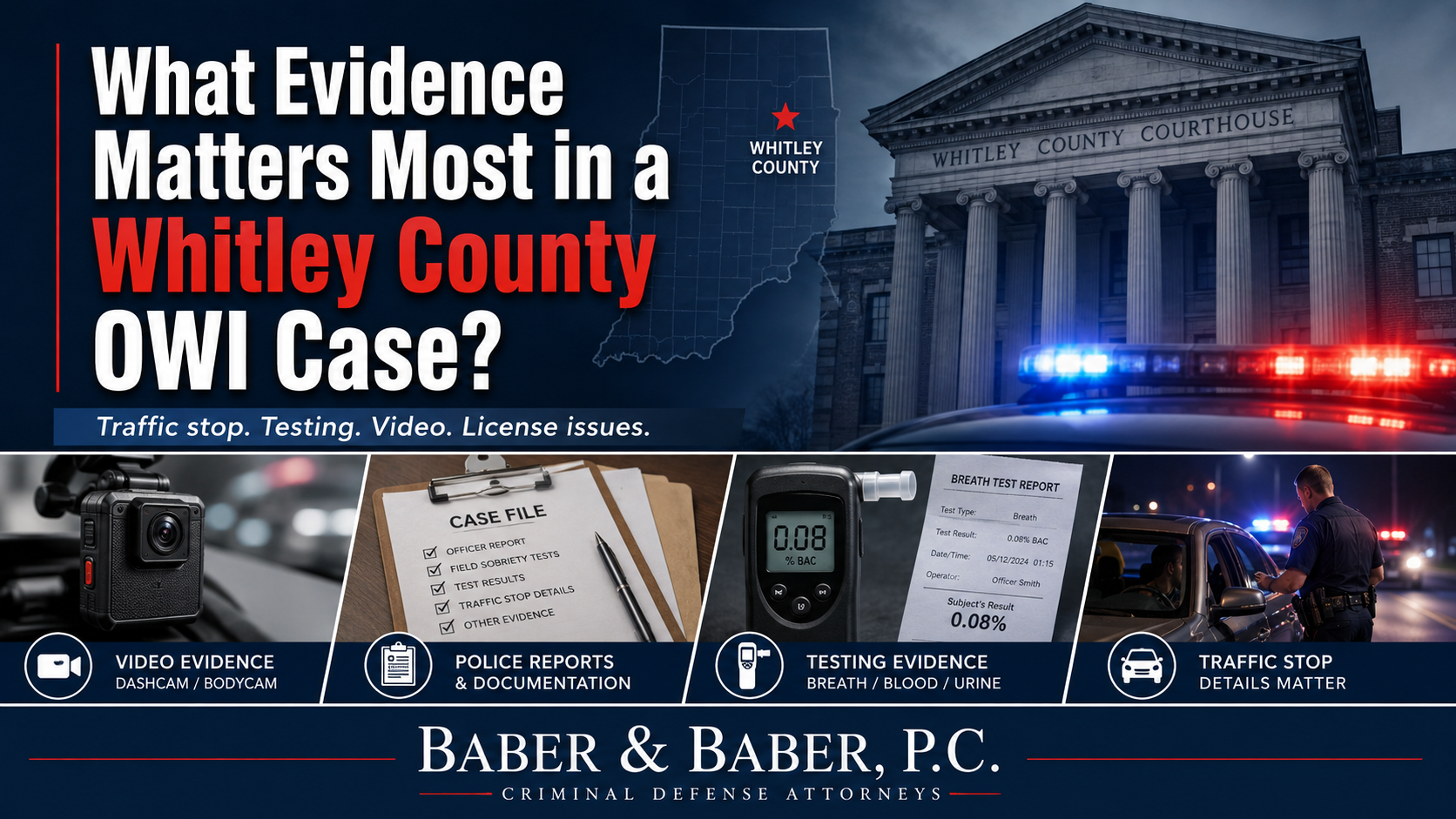 Whitley County OWI evidence graphic showing courthouse, police stop, body cam, and breath test