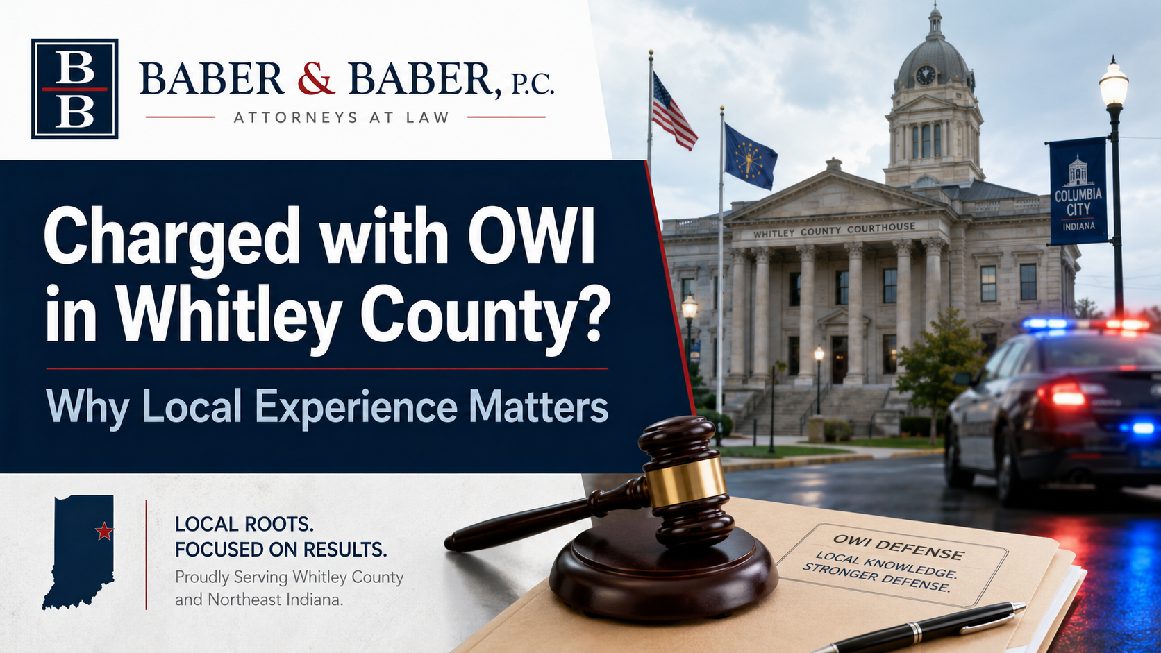 Charged with OWI in Whitley County Indiana graphic showing local courthouse and police car