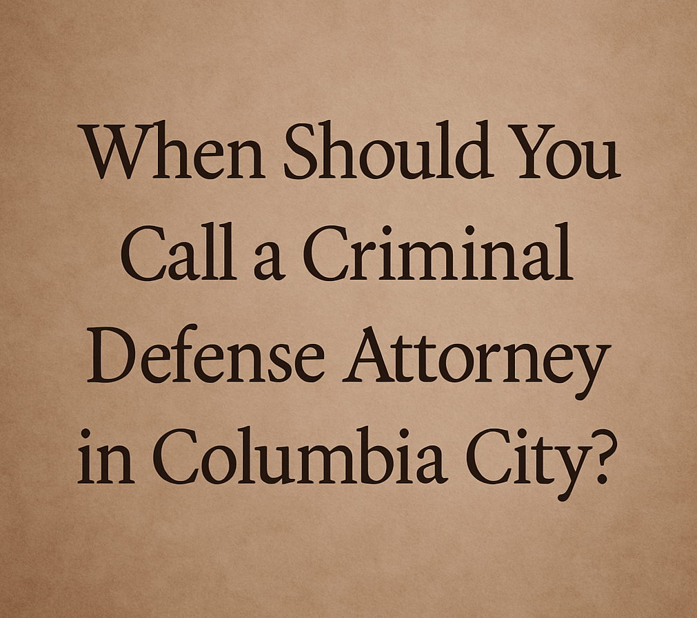 Text reading “When to Call a Criminal Defense Attorney in Columbia City” on a textured legal-style background.