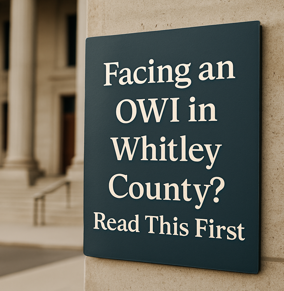 A book cover titled 'Facing an OWI in Whitley County? Read This First' with tips for individuals charged with operating while intoxicated in Indiana.