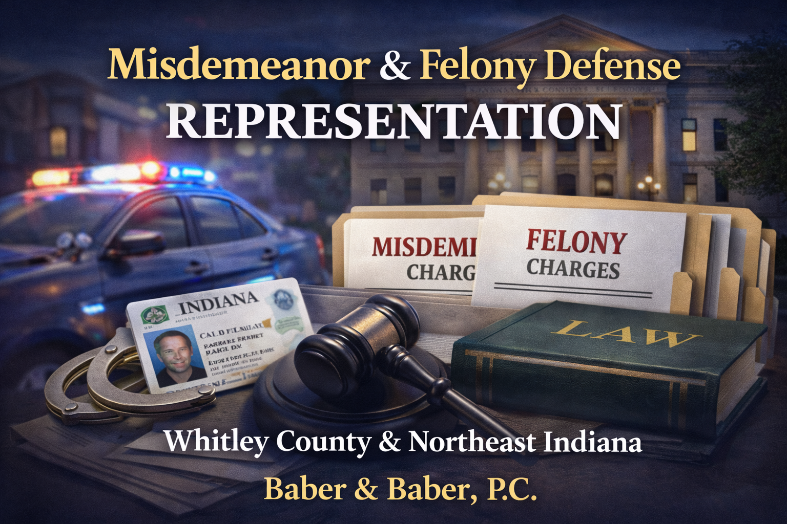 Courthouse and legal documents representing misdemeanor and felony defense in Whitley County, Indiana