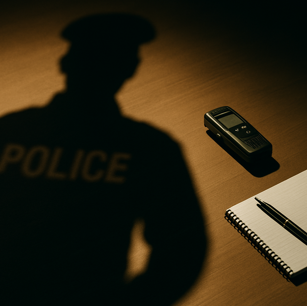 Shadow of a police officer cast over a notepad and recording device, symbolizing how statements can be used in Indiana criminal cases.