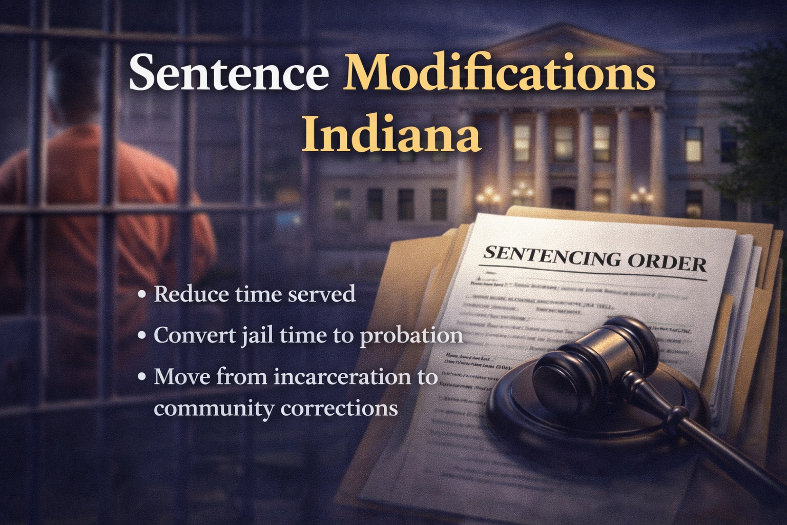 Courthouse and sentencing order representing sentence modifications in Indiana