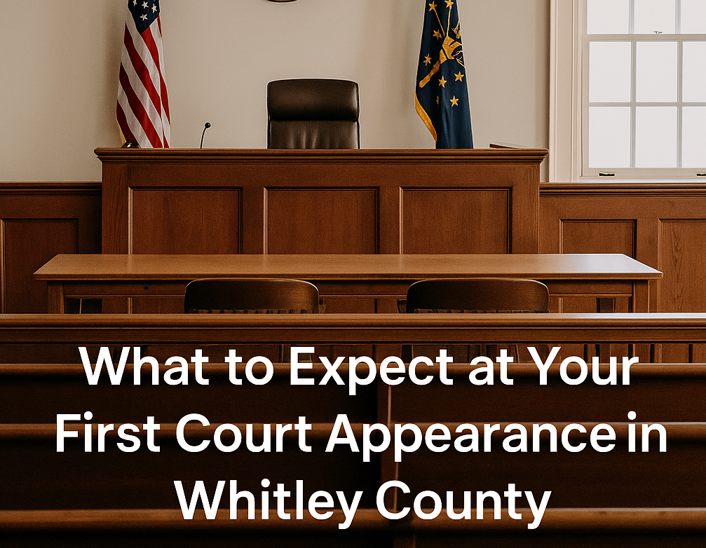 Interior of a courtroom with judge’s bench, flags, and empty seating, symbolizing a first court appearance in Whitley County, Indiana.