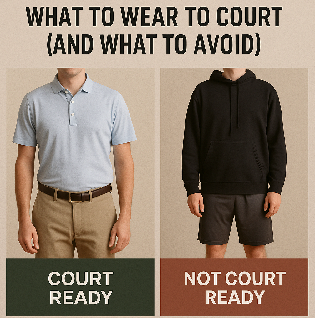 Court dress code example showing proper vs improper attire for a first court date in Indiana with “Court Ready” and “Not Court Ready” labels.