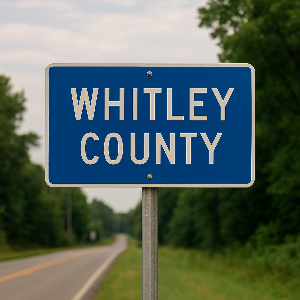 A road sign for Whitley County Indiana where attorneys Baber & Baber, P.C. are located.