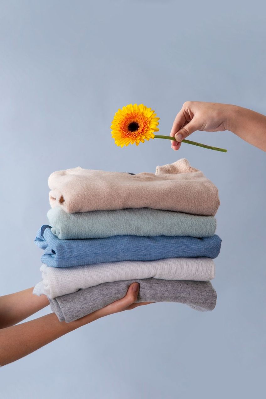 Delle mani impilano asciugamani color pastello piegati, mentre un'altra mano regge un fiore giallo su uno sfondo blu.