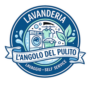 Logo della lavanderia a gettoni con lavatrice, panni stesi, foglie e la scritta “L'angolo del clean” in blu e bianco