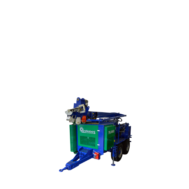 Piattaforma di perforazione blu e verde su ruote.