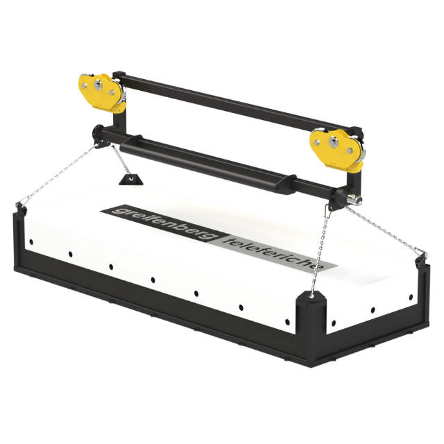 Un pannello del tetto rettangolare bianco e nero con componenti di sollevamento gialli.